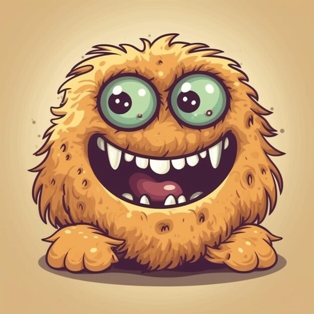 Cartoon monster with big eyes and big teeth sitting on the ground generative ai