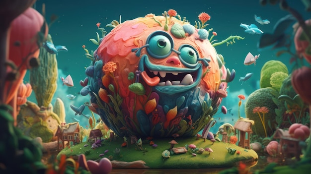 A cartoon monster with a big smile and a green ball with a bunch of flowers on it.