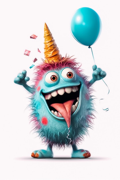 A cartoon monster with a blue balloon and a pink hat holding a blue balloon