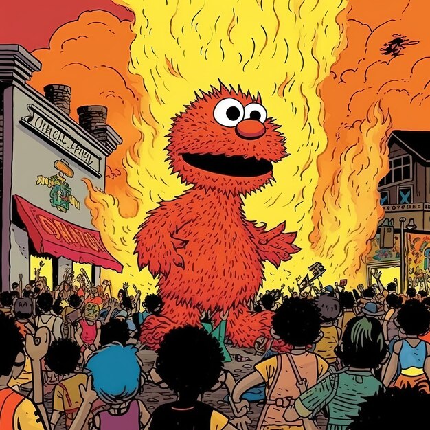 a cartoon of a monster with a fire on it