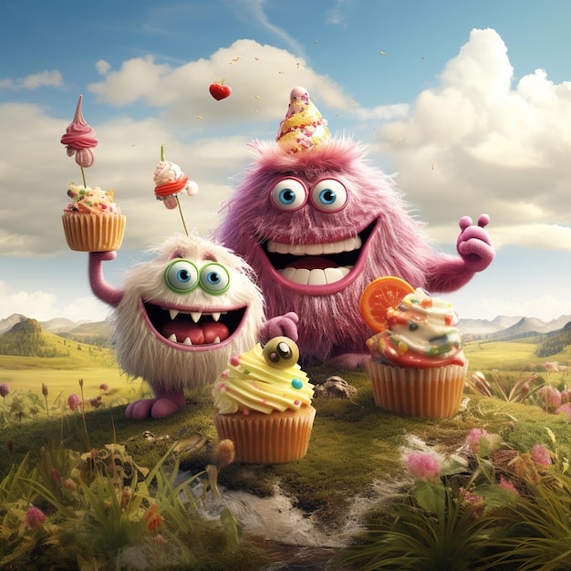 a cartoon of monster with a giant cupcake on top of it