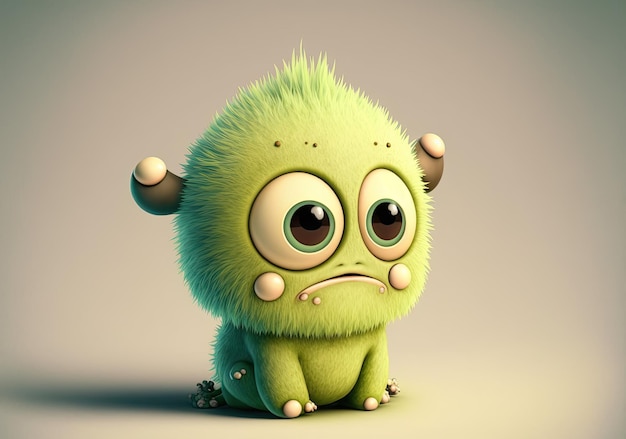 A cartoon monster with a green fur and a sad face.