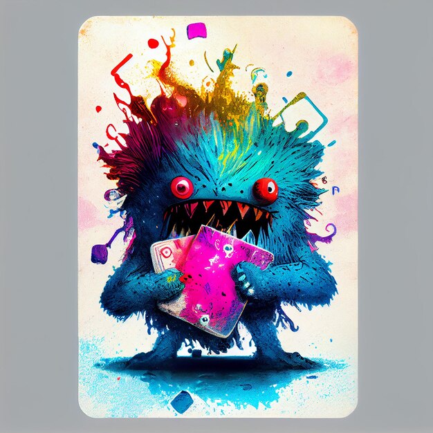 A cartoon monster with a pink card