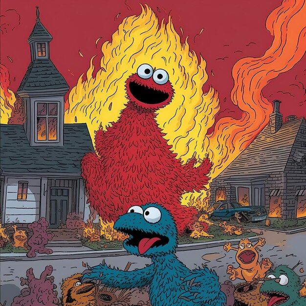 a cartoon of a monster with a red face and a fire in the background