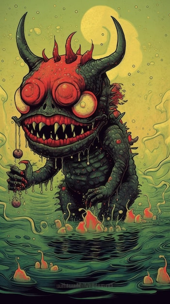 A cartoon of a monster with a red head and red eyes.