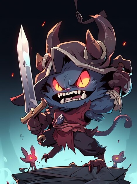 A cartoon of a monster with a sword and a knife.