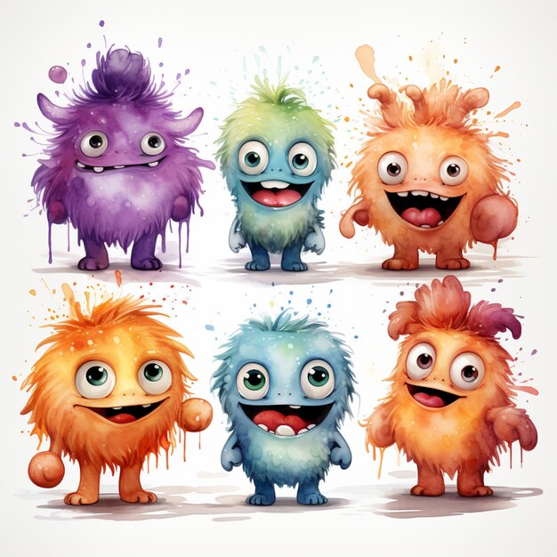 Cartoon monsters with different expressions and colors generative ai