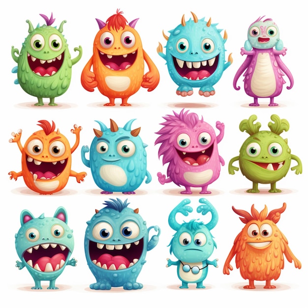 Photo cartoon monsters with different expressions generative ai