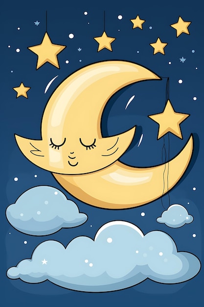 Photo cartoon moon and star in night sky