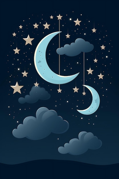 Cartoon moon and star in night sky