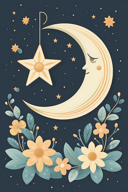 Photo cartoon moon and star in night sky