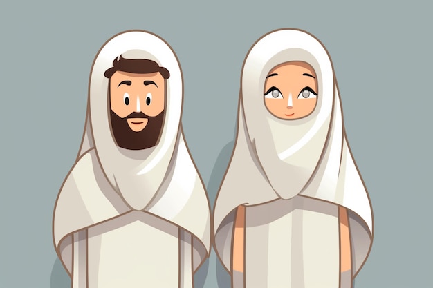 Cartoon moslim man en vrouw die ihram kleding generatieve ai dragen