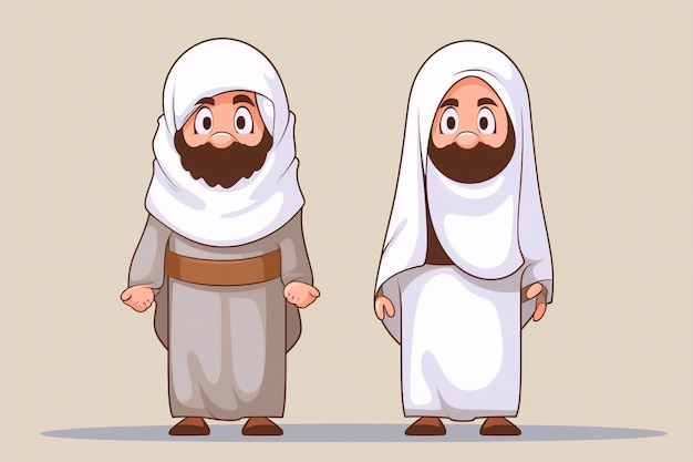 Cartoon moslim man en vrouw die ihram kleding generatieve ai dragen