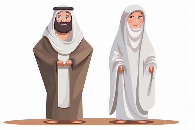 Cartoon moslim man en vrouw die ihram kleding generatieve ai dragen