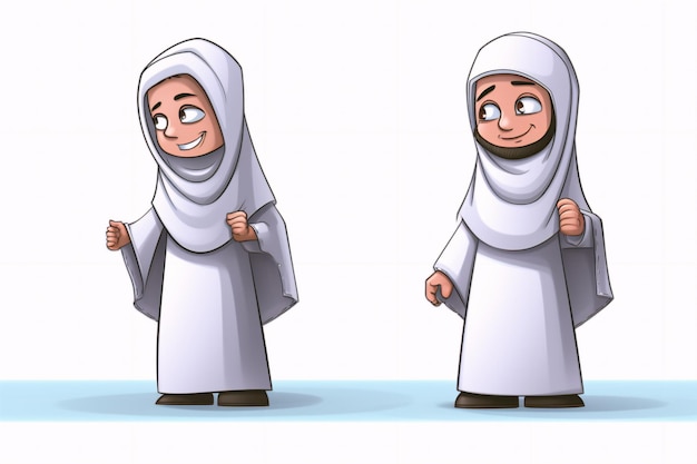Foto cartoon moslim man en vrouw die ihram kleding generatieve ai dragen