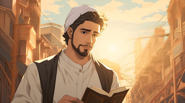 cartoon moslim man gelezen boek of koran