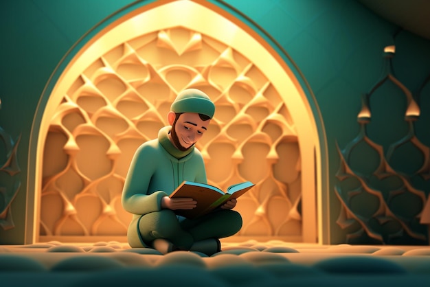 Cartoon moslim mannen lezen een boek