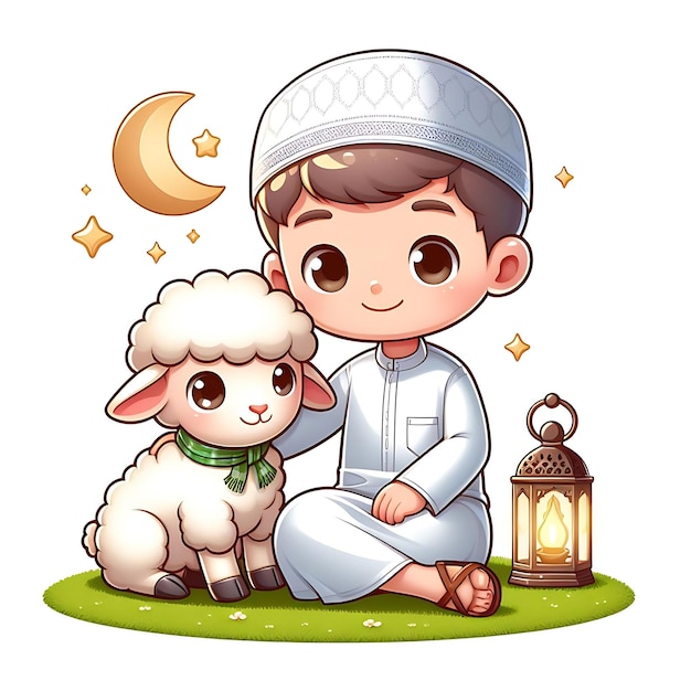 Cartoon moslimjongen met een lam