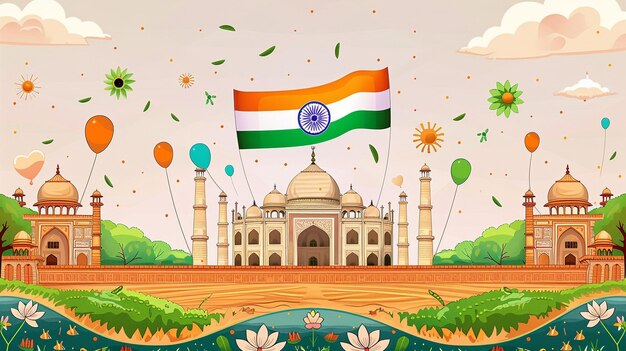 Photo a cartoon of a mosque with a flag and flowers in front of it