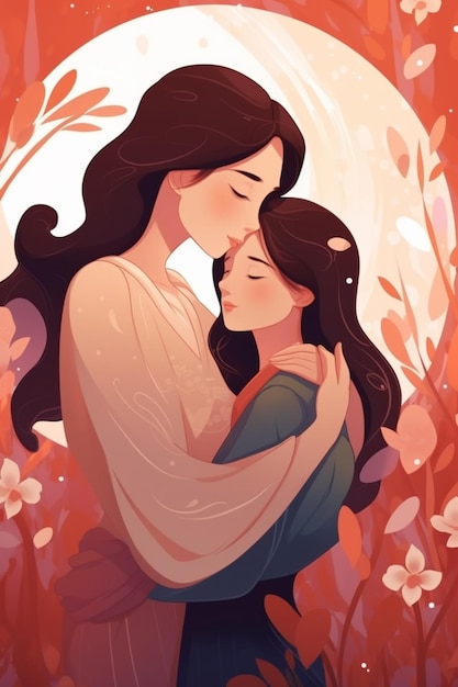 A cartoon of a mother and daughter hugging each other.