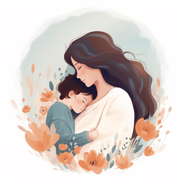 Photo cartoon of mother and daughter hugging high quality