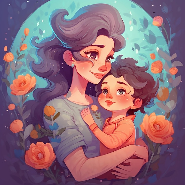 A cartoon of a mother and her baby