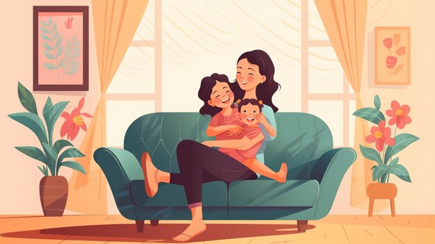 A cartoon of a mother and her children sitting on a couch