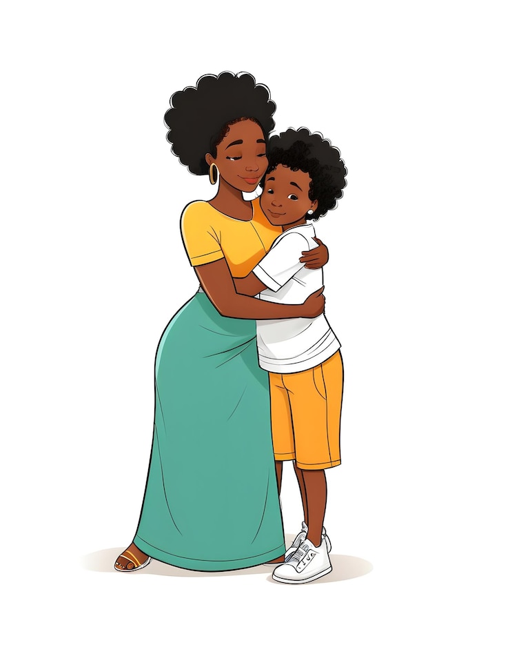 Photo a cartoon of a mother hugging her son
