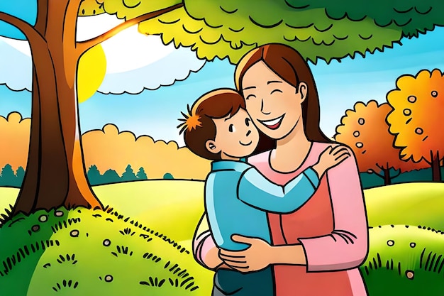 A cartoon of a mother and son hugging in a park.