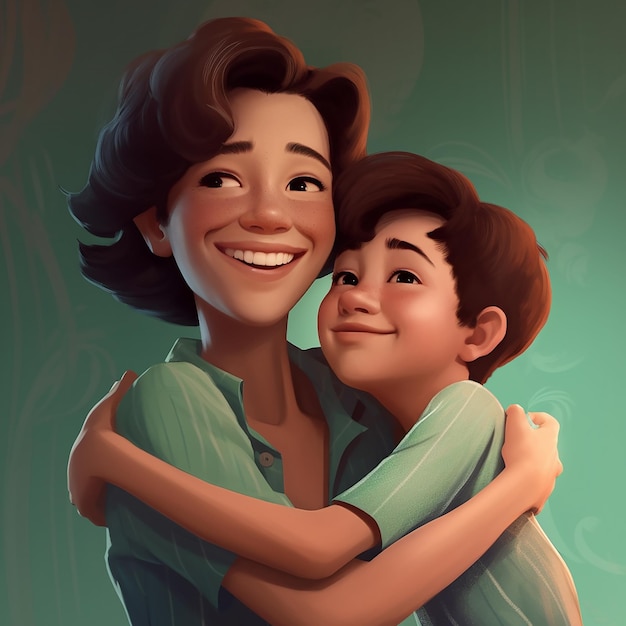 A cartoon of a mother and son hugging.