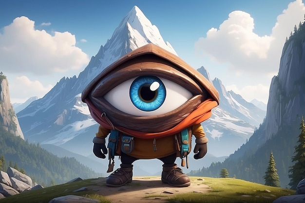 Cartoon mountain character with a big eye