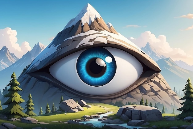 Cartoon mountain character with a big eye