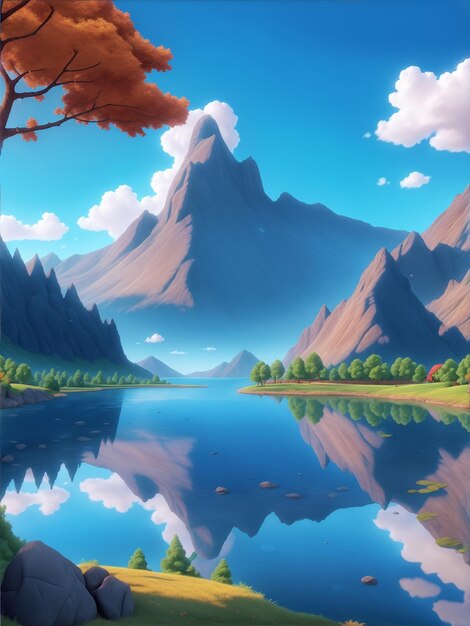 Cartoon mountain and lake background