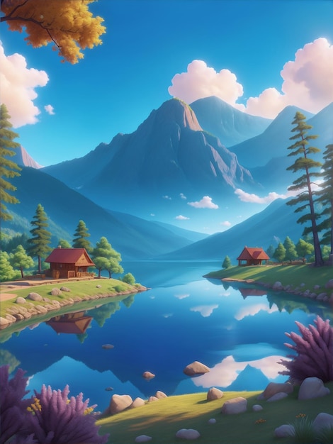 Cartoon mountain and lake background