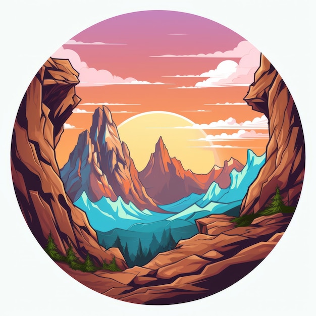 Cartoon Mountain Landscape Sticker With Snowy Mountains And Trees