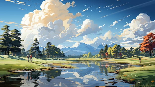 cartoon mountain landscape with river and green grass forest and hills with blue sky and clouds