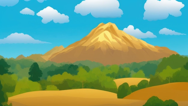 A cartoon of a mountain and a mountain with a blue sky with clouds.