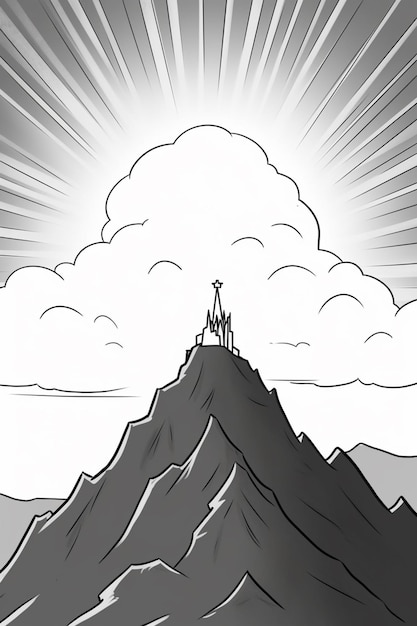 Photo cartoon of a mountain with a couple of people on top of it generative ai