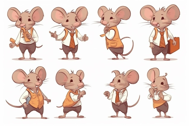 Photo cartoon mouse character poses with different poses for animation generative ai