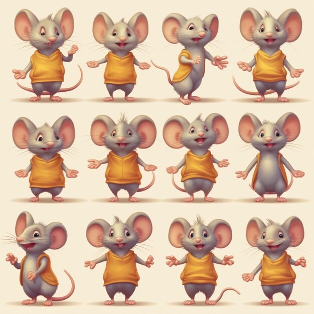 Photo cartoon mouse character poses with different poses and expressions generative ai