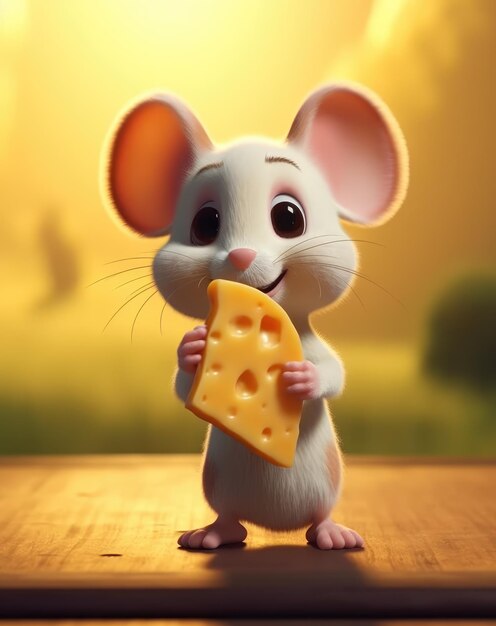 Cartoon Mouse Holding Piece of Cheese