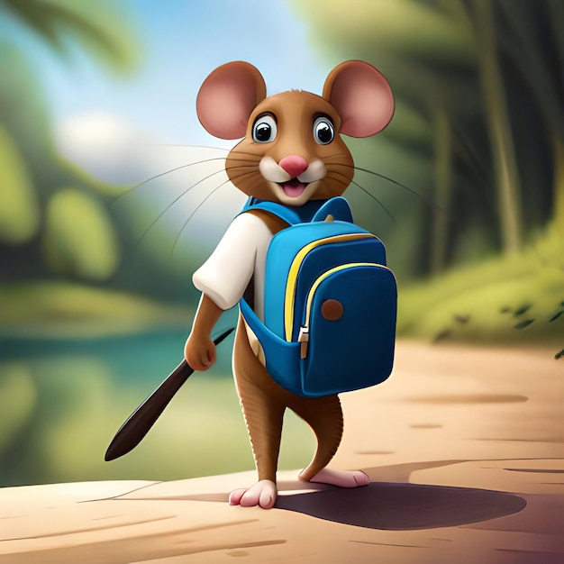 A cartoon of a mouse with a backpack and a book called mouse.