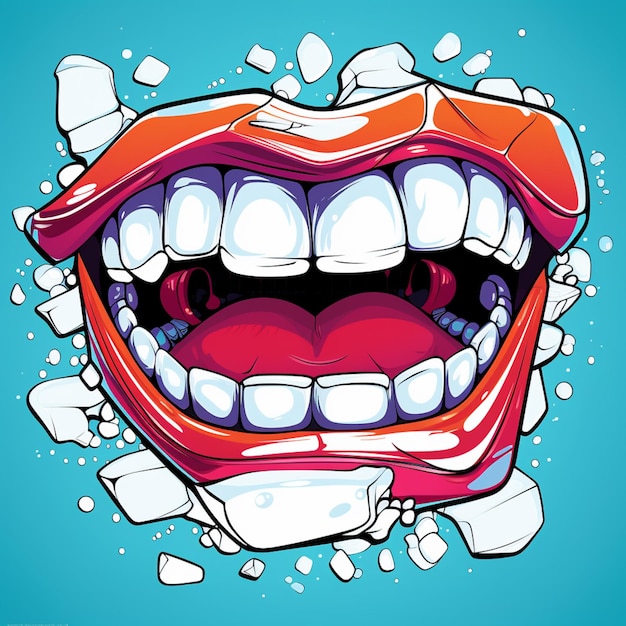 Photo cartoon mouth with teeth and teeth whitening and broken glass generative ai