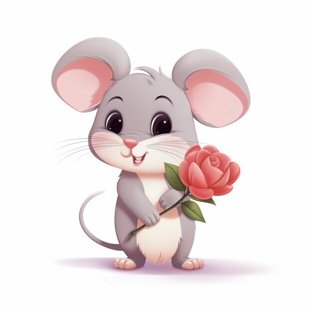 cartoon muis met een roos in zijn poten generatieve ai