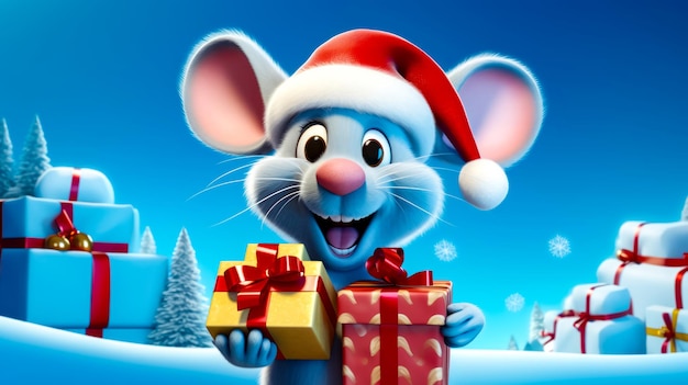 Foto cartoon muis met kerstman hoed die geschenkkist in de sneeuw houdt generatieve ai