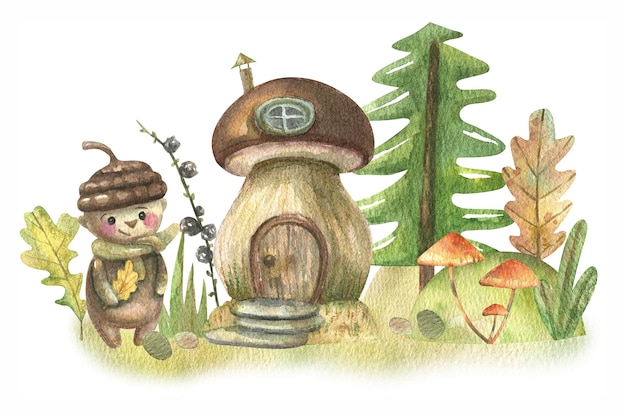 Cartoon mushroom house, forest herbs, flowers, trees and a\
lively revived acorn-boy.