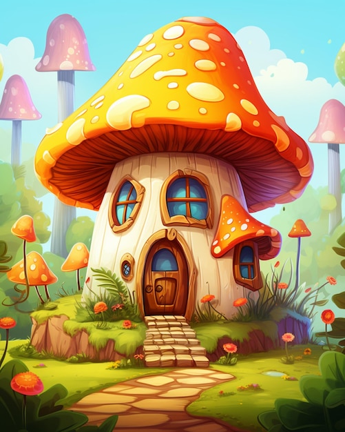 cartoon mushroom house in the middle of a forest with a pathway generative ai