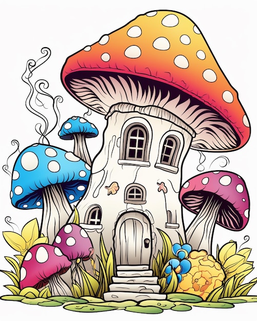 Cartoon mushroom house with a door and a chimney generative ai