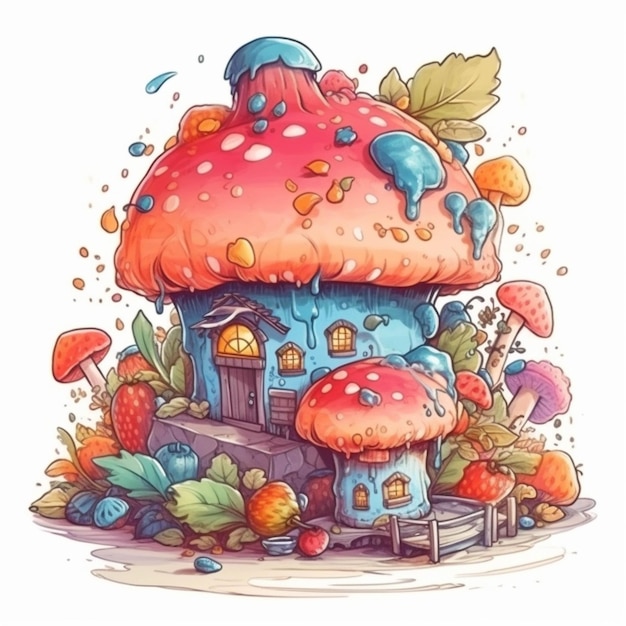 Cartoon mushroom house with a ladder and a ladder to the top generative ai