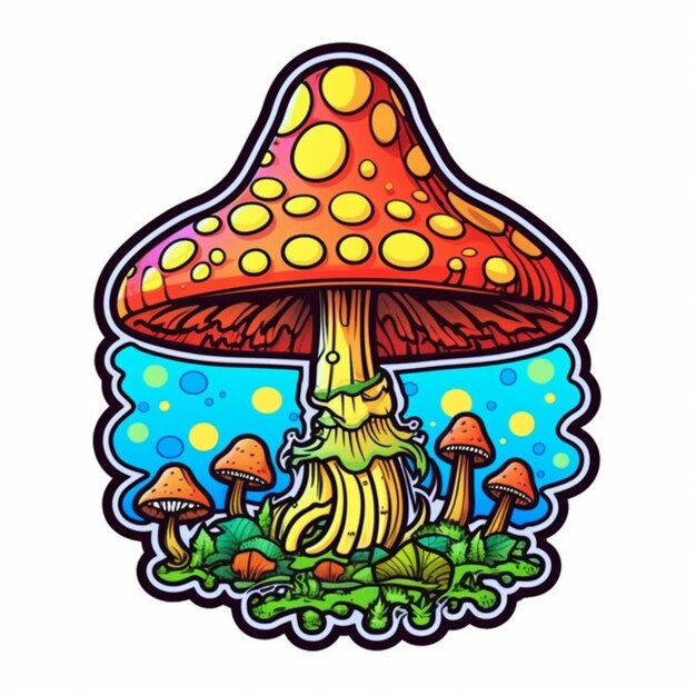 A cartoon mushroom with a long tail sitting on the ground generative ai